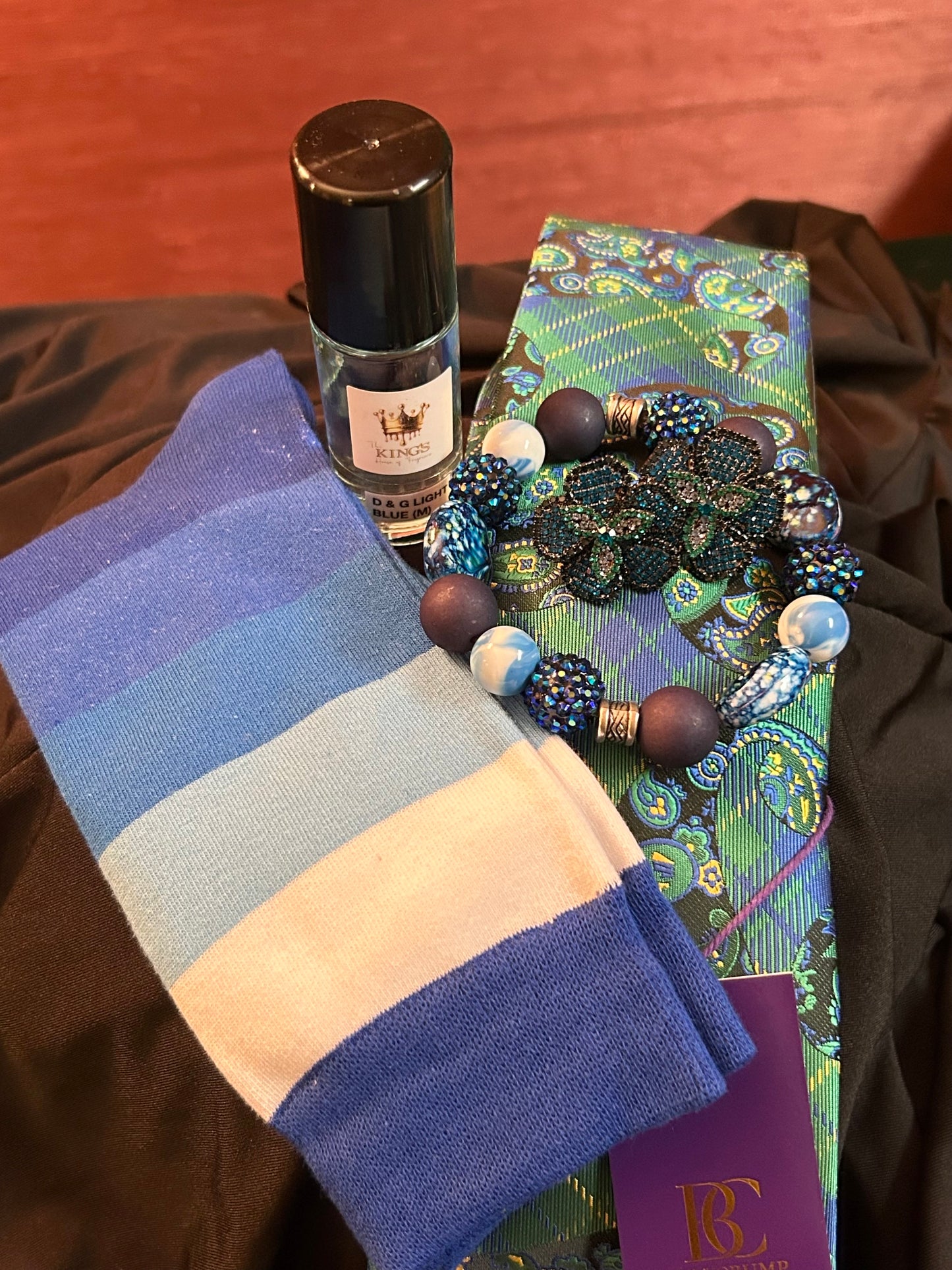 Combo Tie,Hanky, Bead Bracelet, Cufflinks, Fragrance Body Oil